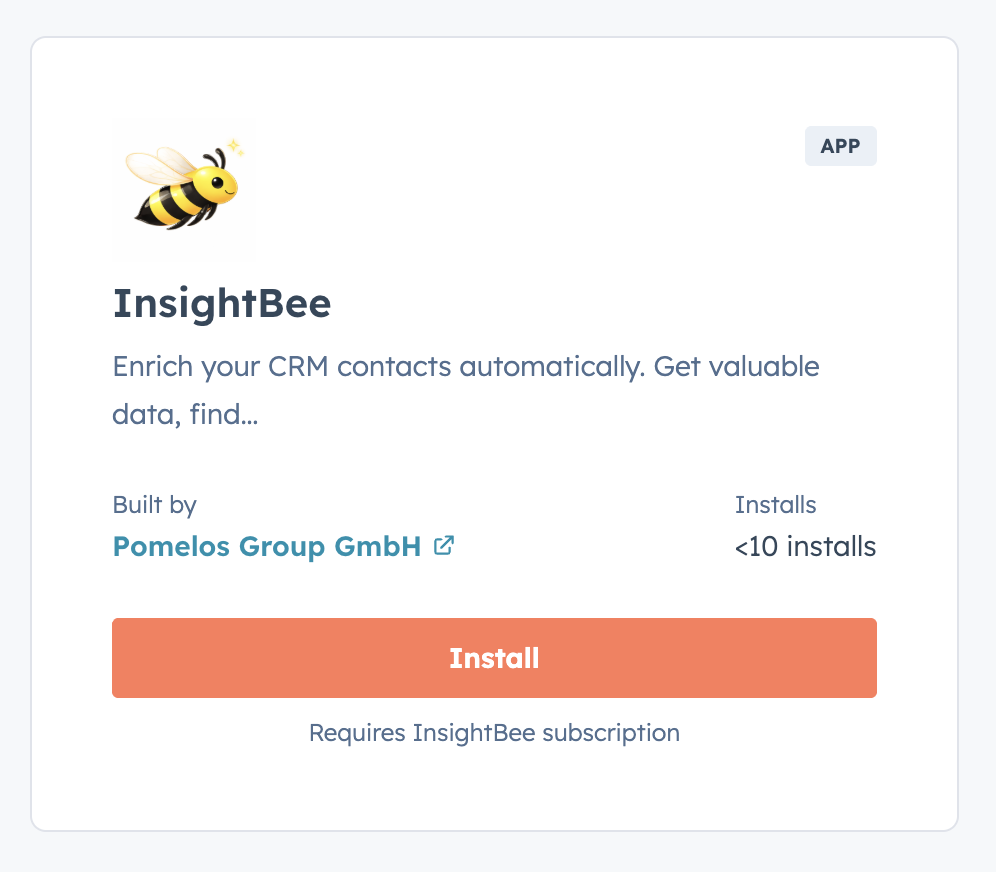 InsightBee app listing in the HubSpot Marketplace showing the Install button